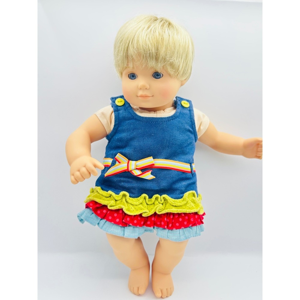 American Girl Bitty Baby Doll 15 inch Blonde Hair Blue Eyes Denim Ruffle Dress